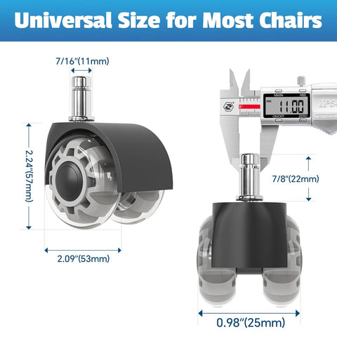 Heavy Duty 2 Inch Office Chair Wheels Set Of 5 Universal Fit Rubber Casters For Carpet And Hardwood Floors Replacement Wheels With 7/16 By 7/8 Inch Stem showing size dimensions.