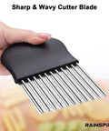 Rainspire crinkle cutter with black handle and stainless steel wavy blades for vegetables