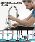 Slick Brushed Nickel Kitchen Faucet With Pull Down Sprayer High Arc Spout 18 Inch Hose installation demonstration.