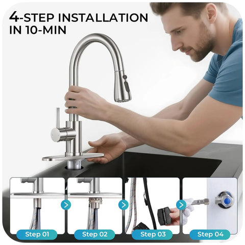 Slick Brushed Nickel Kitchen Faucet With Pull Down Sprayer High Arc Spout 18 Inch Hose installation demonstration.