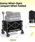Lightweight Collapsible Wagon Cart For Easy Hauls, open view with dimensions, sturdy black frame, compact foldable utility wagon