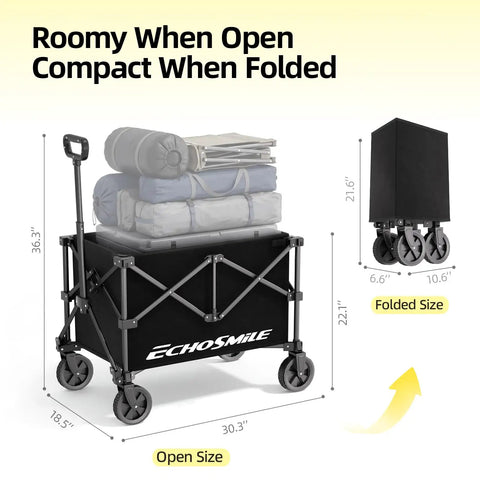 Lightweight Collapsible Wagon Cart For Easy Hauls, open view with dimensions, sturdy black frame, compact foldable utility wagon
