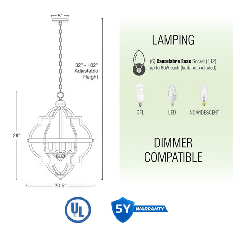 Diagram of Capistrano 28 Inch Six Light Rustic Farmhouse Chandelier with adjustable height and dimmer compatibility details.