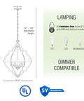 Diagram of Six Light Rustic Farmhouse Chandelier With Walnut Wood Grain Metal Finish And Textured Black Accents, bulb options shown.