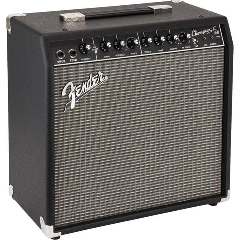Champion 50 II Guitar Amplifier Bundle With 13 Foot Joe Strummer Instrument Cable, black 50W amp, 12 inch speaker, front view