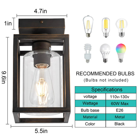 Semi Flush Mount Ceiling Light With Bronze Metal Frame And Clear Glass Shade, Farmhouse Style Fixture dimensions and specs