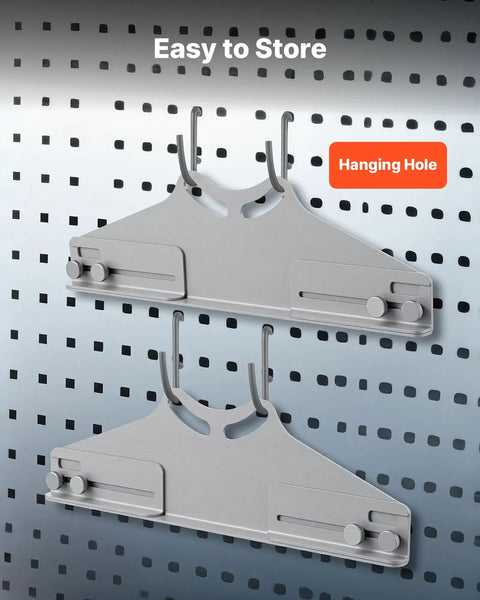 Heavy Duty Carbon Steel Wheel Alignment Tool Featuring A Digital Angle Finder And Measuring Tapes For Dead Nuts Accurate Toe And Camber Adjustments On Cars Trucks And Suvs Garage hanging on pegboard with hooks.