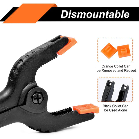 Spring clamp set, 20-pack; black plastic body with orange jaws, 3.5-inch clamps for crafts and photography