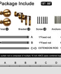 Package contents of Antique Brass Curtain Rod Set 1 Inch Heavy Duty Adjustable Drapery Rods 18 To 88 Inches With Round Finials