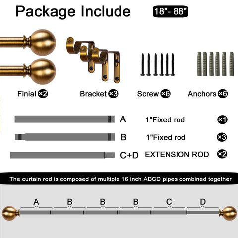 Package contents of Antique Brass Curtain Rod Set 1 Inch Heavy Duty Adjustable Drapery Rods 18 To 88 Inches With Round Finials