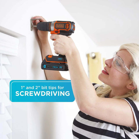 Black+Decker cordless drill/driver with 20V battery and 109-piece bit set (orange/black).