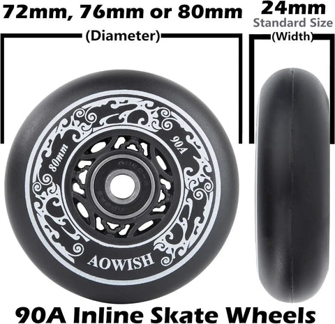 80mm diameter black inline skate wheel, 90A hardness, side and front view with decorative pattern and text detailing sizes.