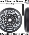 Side and front view of Aggressive Outdoor Inline Skate Wheels 90A 68mm 4 Pack Black Designed For Slalom Freestyle Skating.
