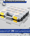 2 Pack 34-Compartment Double-Sided Parts Organizer With Removable Dividers, Durable Yellow Plastic Storage Case, dimensions shown