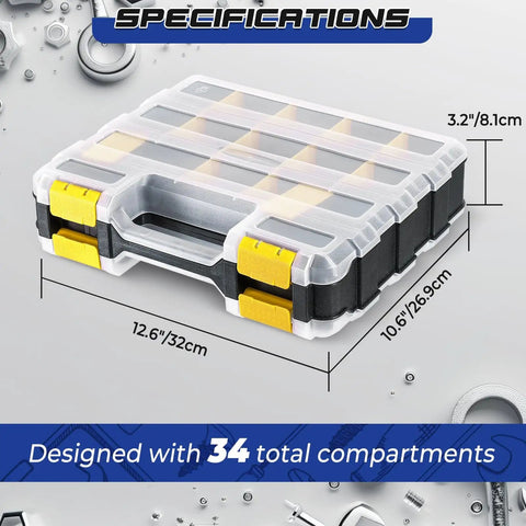 2 Pack 34-Compartment Double-Sided Parts Organizer With Removable Dividers, Durable Yellow Plastic Storage Case, dimensions shown
