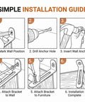 Simple installation guide for Boss Level 12 Pack Steel Furniture Anchors showing steps for wall bracket installation.
