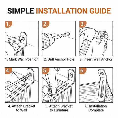 Simple installation guide for Boss Level 12 Pack Steel Furniture Anchors showing steps for wall bracket installation.