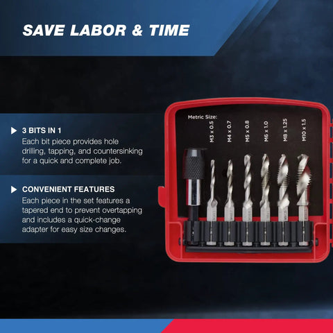 3-In-1 Drill And Tap Bit Set With Quick Change Adapter, 13-Piece SAE And Metric Drill Bit And Tap Set From 6-32NC To 1/4-20NC And M3 To M10, Includes 1/4 Inch Hex Shank For Fast, All-In-One Hole Drilling And Tapping