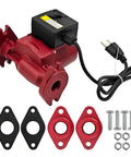 Heft And Durability For A 1/25 Hp Circulation Pump Built For Bell And Gossett NBF 22 103252LF Models showing red pump, electrical cord, and mounting hardware.