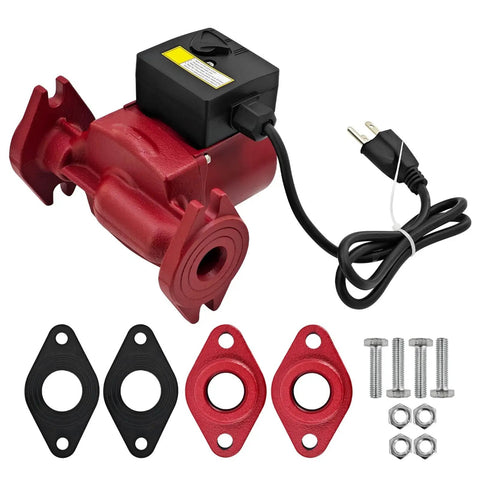 Heft And Durability For A 1/25 Hp Circulation Pump Built For Bell And Gossett NBF 22 103252LF Models showing red pump, electrical cord, and mounting hardware.