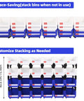 Heavy Duty Stackable Plastic Storage Bins 24 Pack For Garage Tools And Small Parts Organization 5x4x3 Inch Blue And White 33 Lbs Per Bin
