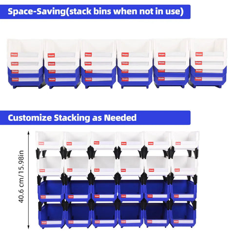 Heavy Duty Stackable Plastic Storage Bins 24 Pack For Garage Tools And Small Parts Organization 5x4x3 Inch Blue And White 33 Lbs Per Bin