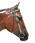Western Horse Headstall And Breast Collar Tack Set Crafted From Genuine Argentina Cowhide Leather With Geometric Tooling White Rhinestones Silver Studs And Turquoise Details Built Rodeo Ready And Dime Clean For The Arena - profile view showcasing geometric tooling and turquoise details.