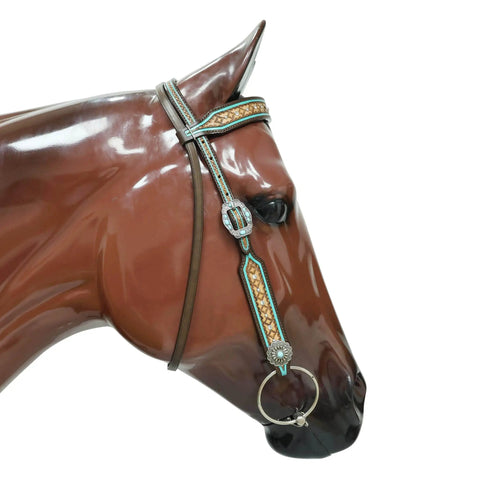 Western Horse Headstall And Breast Collar Tack Set Crafted From Genuine Argentina Cowhide Leather With Geometric Tooling White Rhinestones Silver Studs And Turquoise Details Built Rodeo Ready And Dime Clean For The Arena - profile view showcasing geometric tooling and turquoise details.