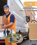 Person using Heavy Duty 3 In 1 Folding Shopping Cart With 6 Wheels And 110 Lb Capacity Portable Hand Truck; van in background