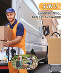 Heavy Duty 3 In 1 Shopping Cart Foldable Hand Truck With 6 Wheels next to delivery van with man holding boxes