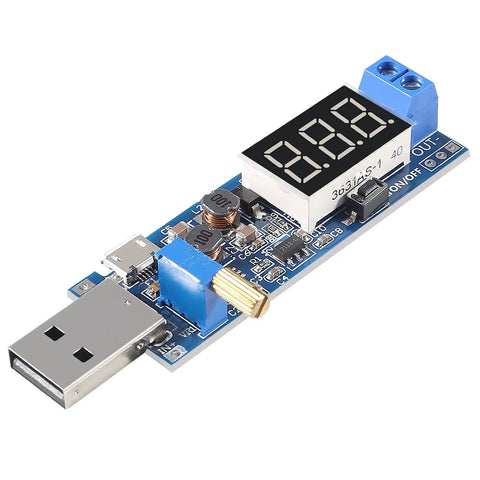 USB Step Up Down Power Supply Module with Adjustable DC-DC Boost Buck Converter, built-in display, front view.