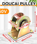 Front view of zinc-plated 2-inch V-groove wheel caster with base plate and mounting holes for sliding gates/rails.