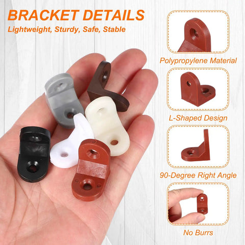 Built Solid 20 Pack Plastic L Brackets Gray Corner Supports For Shelves And Drawers Heavy Duty Right Angle Connectors With Screws No Sweat Assembly For Garage Workbenches in hand showing multiple colors.