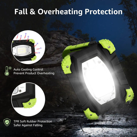 Portable LED Work Light 20W Rechargeable Flood Light With Built In Power Bank featuring fall and overheating protection, green accents