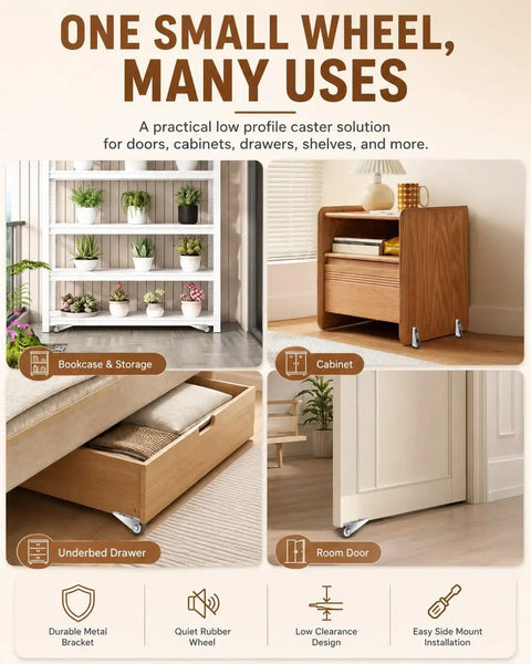 Heavy Duty Sliding Door Bottom Wheels With Thick Rubber Casters And Steel Core on a bookcase and cabinet for versatile use.