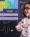 Child in lab coat next to laminated 40x60 cm periodic table poster, great for science classrooms and teachers, nurturing budding scientists.