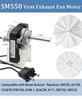 Universal Bathroom Vent Fan Motor Replacement Kit 50 CFM 120V Includes Plug And Play Motor And Blower Wheel For Nutone Broan Exhaust Fans Easy Install UL Certified Pro showing a close-up of motor with plug and blower wheel dimensions.