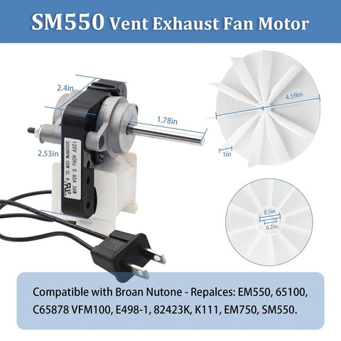 Universal Bathroom Vent Fan Motor Replacement Kit 50 CFM 120V Includes Plug And Play Motor And Blower Wheel For Nutone Broan Exhaust Fans Easy Install UL Certified Pro showing a close-up of motor with plug and blower wheel dimensions.