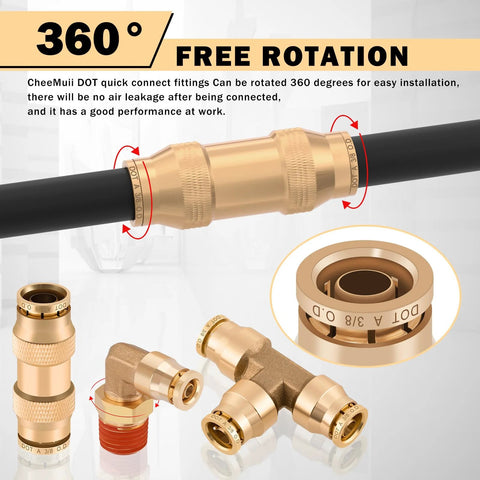 Brass DOT air line fittings kit with quick-connect push-lock fittings and air hose, 112 pcs