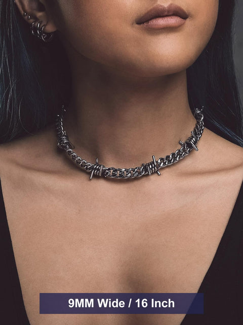 Model wearing Stainless Steel 316L Barbed Wire Choker Necklace For Women And Men Gothic Thorns 16 Inch Punk Jewelry