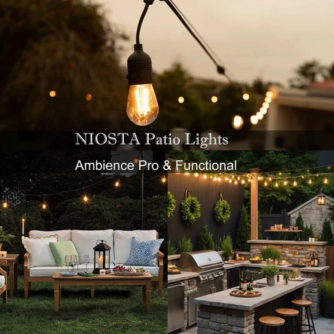 24 Ft Outdoor Hanging String Lights With 12 Vintage S14 LED Bulbs illuminating a cozy backyard patio setup with seating and grill area.