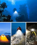 Diver using Underwater Video Light With 84 LED Power in underwater scene; camping, hiking, and caving illuminated by the same light