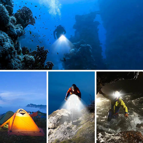 Diver using Underwater Video Light With 84 LED Power in underwater scene; camping, hiking, and caving illuminated by the same light