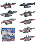 Eight Piece Warship Model Set For DIY Assembly And Painting Great For Collectors And Hobbyists Battleship Carrier Submarine Cruiser And Aegis Destroyer With Virginia Sub Slava Cruiser 054A Frigate Hood Vincennes Liaoning Carrier Sacramento displayed on stands