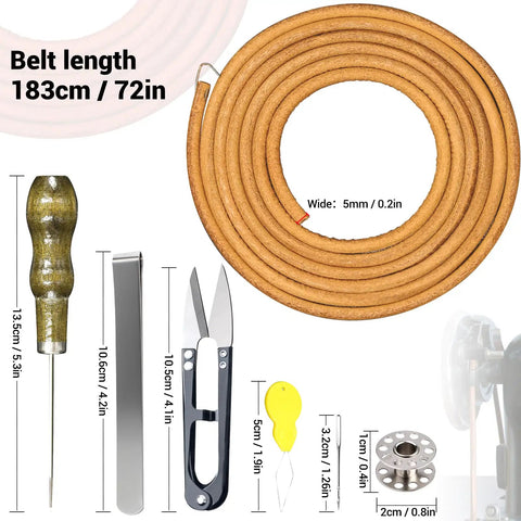 2 Pack Leather Treadle Sewing Machine Belts, 72 Inch Long, Three Sixteenth Inch Wide With Hooks - All-In-One 31-Piece Replacement Kit For Vintage Singer And Jones Machines, Includes Bobbins, Needles, Threaders, Scissors, Hemming Clips, 72in belt