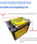 Badass Heavy Duty Electric Rebar Bender Automatic Hoop Bending Machine Built Tank Tough For Quarter To Two Inch Round Steel Bars showing feed roller and regulating bar.