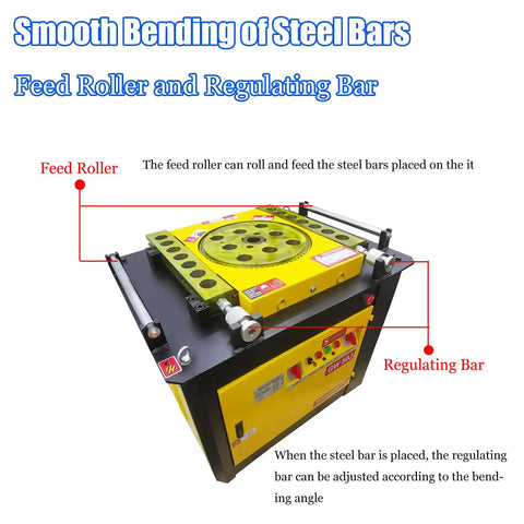 Badass Heavy Duty Electric Rebar Bender Automatic Hoop Bending Machine Built Tank Tough For Quarter To Two Inch Round Steel Bars showing feed roller and regulating bar.