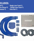 Flex Race Car Track Set With Double U Turn Design pieces, including U-turns, connectors, and track parts, suitable for 1:64 scale cars.