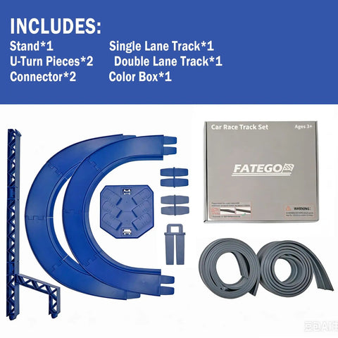 Flex Race Car Track Set With Double U Turn Design pieces, including U-turns, connectors, and track parts, suitable for 1:64 scale cars.