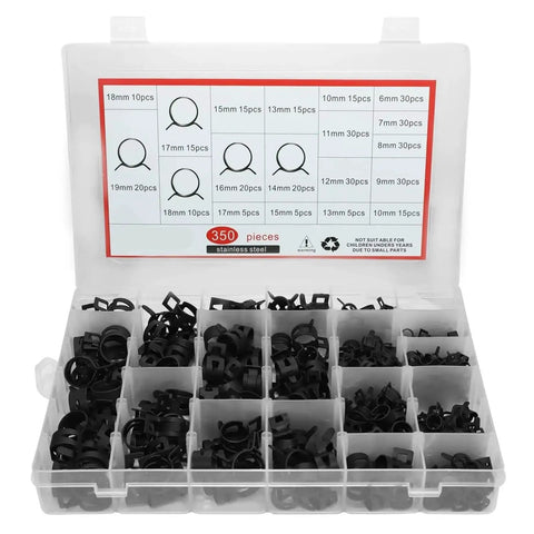 Massive 350 Piece Stainless Steel Spring Hose Clamp Kit For 6 To 19mm Hoses Pro Grade High Pressure Fuel And Air Lines Heavy Duty Clamp Set Versatile Assortment with open case and organized compartments